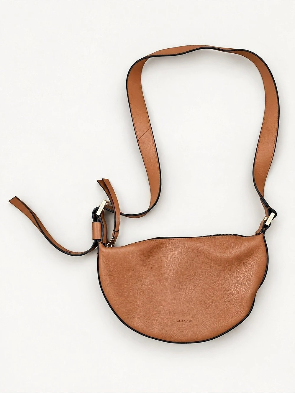 AllSaints Half Moon leather crossbody bag. Sepia